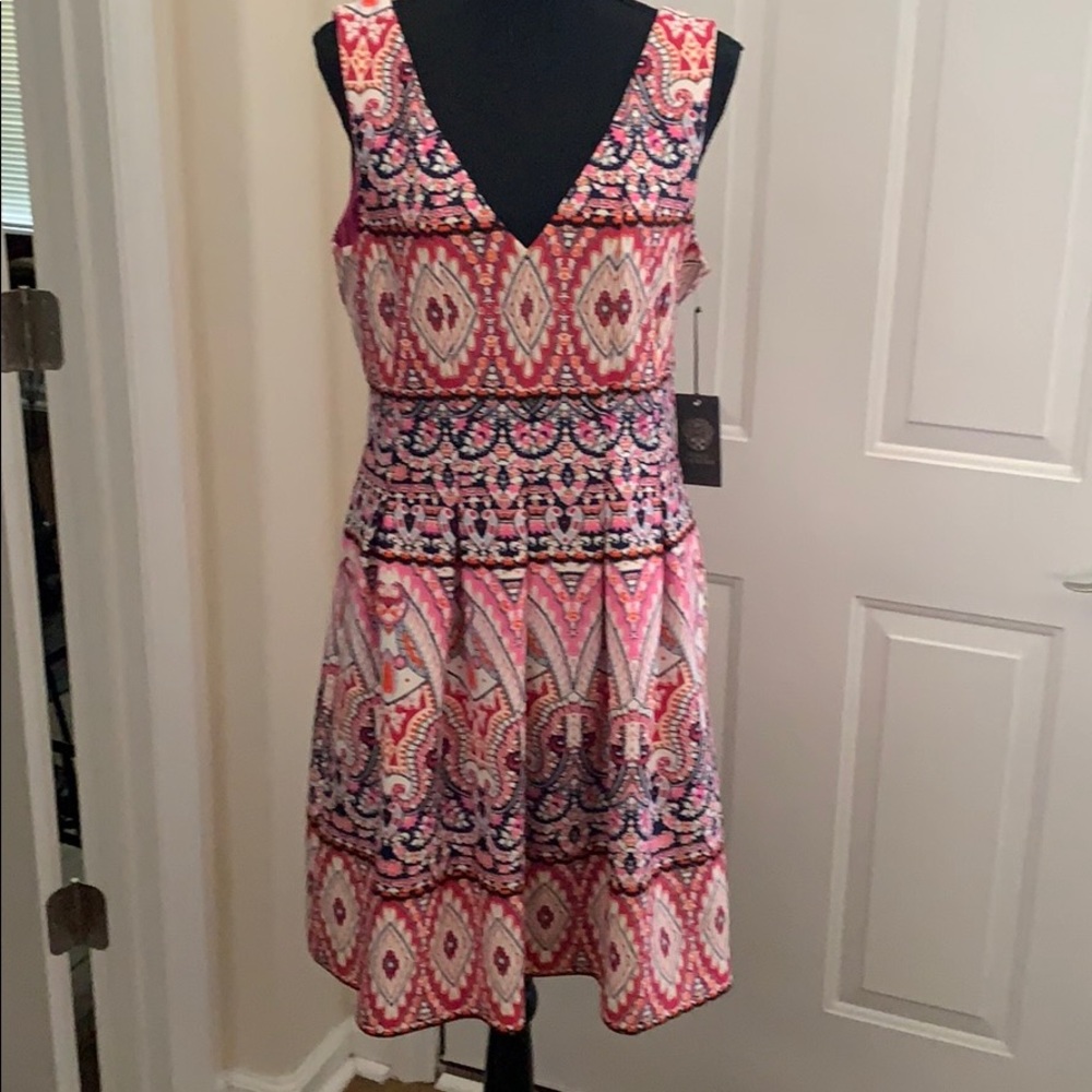 Vince Camuto Fit and Flare Double V-Neck Geometric Print Dress
